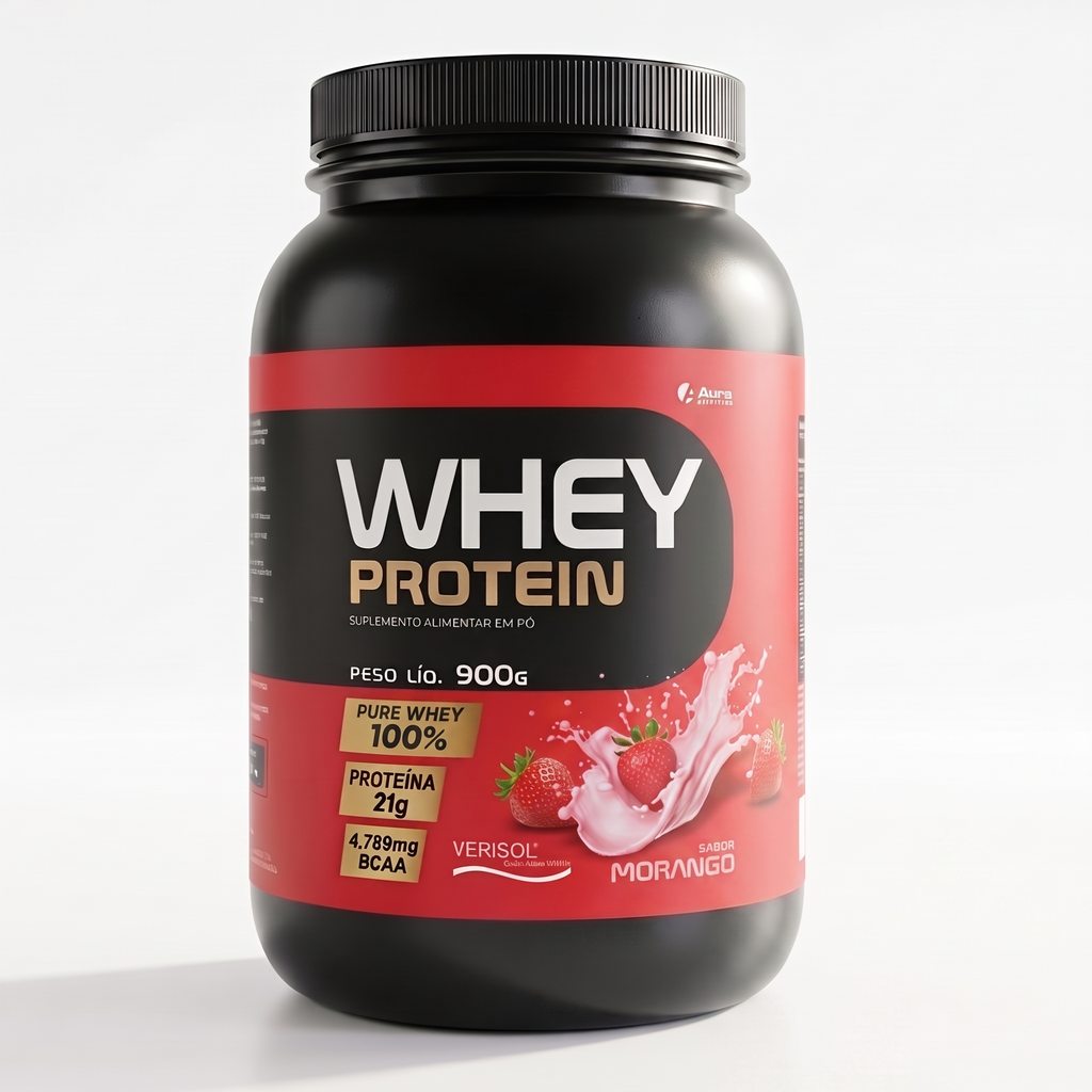 Aura Whey Concentrado 900g - Sabor Morango